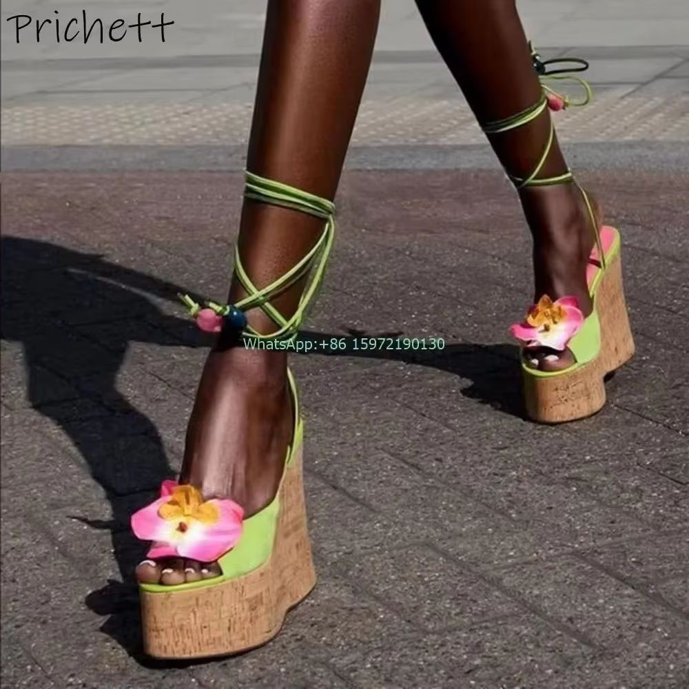 Crossfit Ladies - Platform Wood Grain Flower Sandals Peep